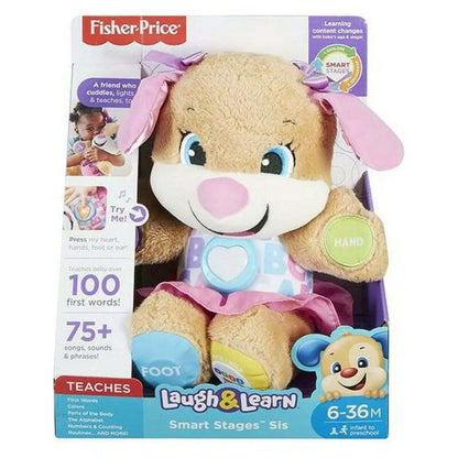 Plüschiger fisher-price laugh & learn smart stages hund mit rosa ohren und schleife in lila kleid musikalisches spielzeug von mattel