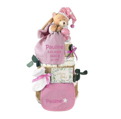 Windeltorte Rosa mit Spieluhr Bär – personalisierbar