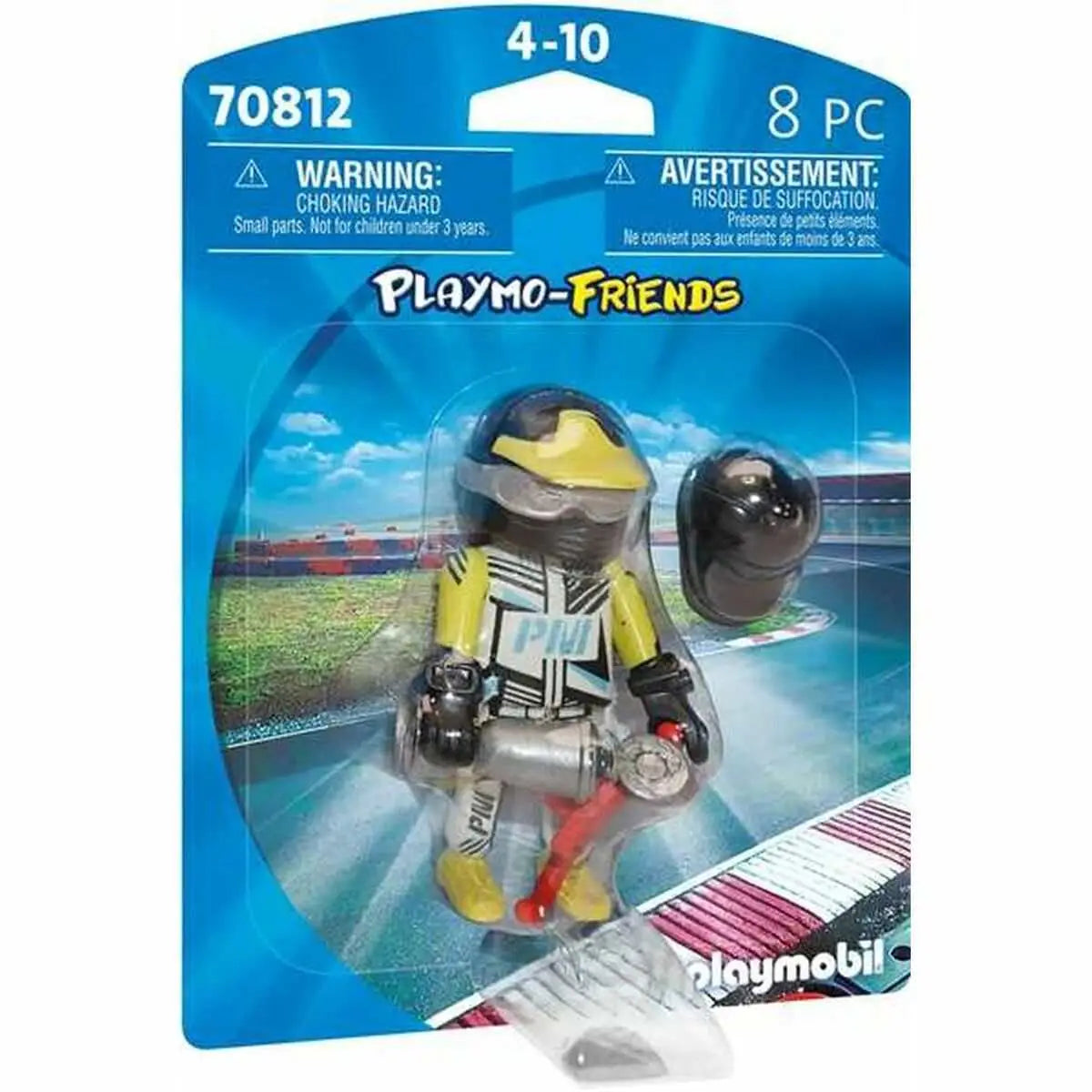 Playmobil figur set 70812 gelber und schwarzer rennfahrer mit detailliertem helm und pwi branding