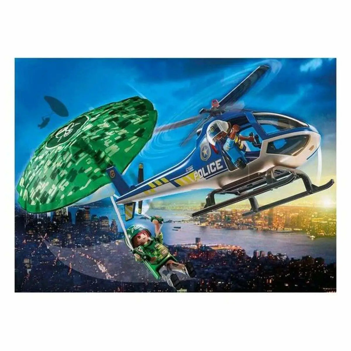 Blau-weißes playmobil polizeihubschrauber playset mit gelben streifen und rettungsszene über der stadt