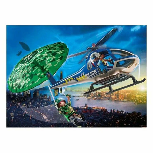 Blau-weißes playmobil polizeihubschrauber playset mit gelben streifen und rettungsszene über der stadt