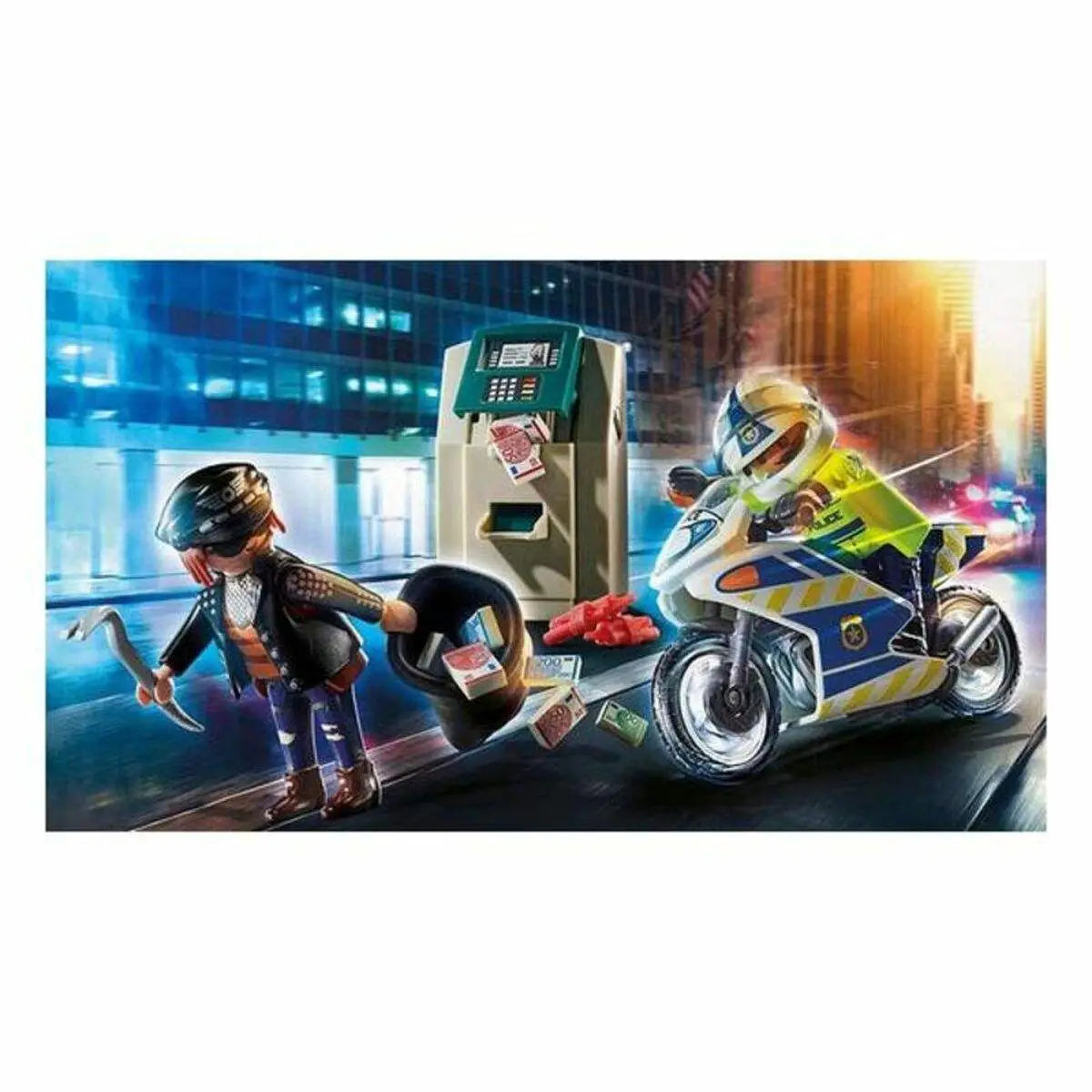 Playmobil polizeimotorrad mit blauen und gelben streifen aus dem playset city action police motorbike 70572, 32 teile
