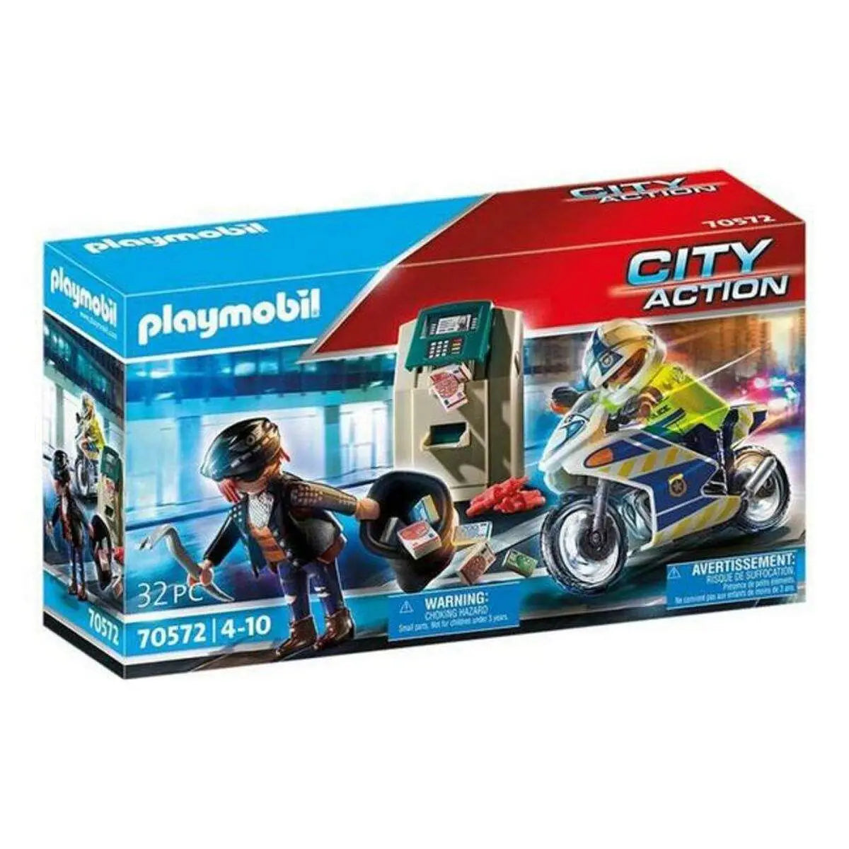 Playmobil city action playset mit polizist auf blau weißem motorrad der dieb nahe geldautomat verfolgt 70572 32 teilig