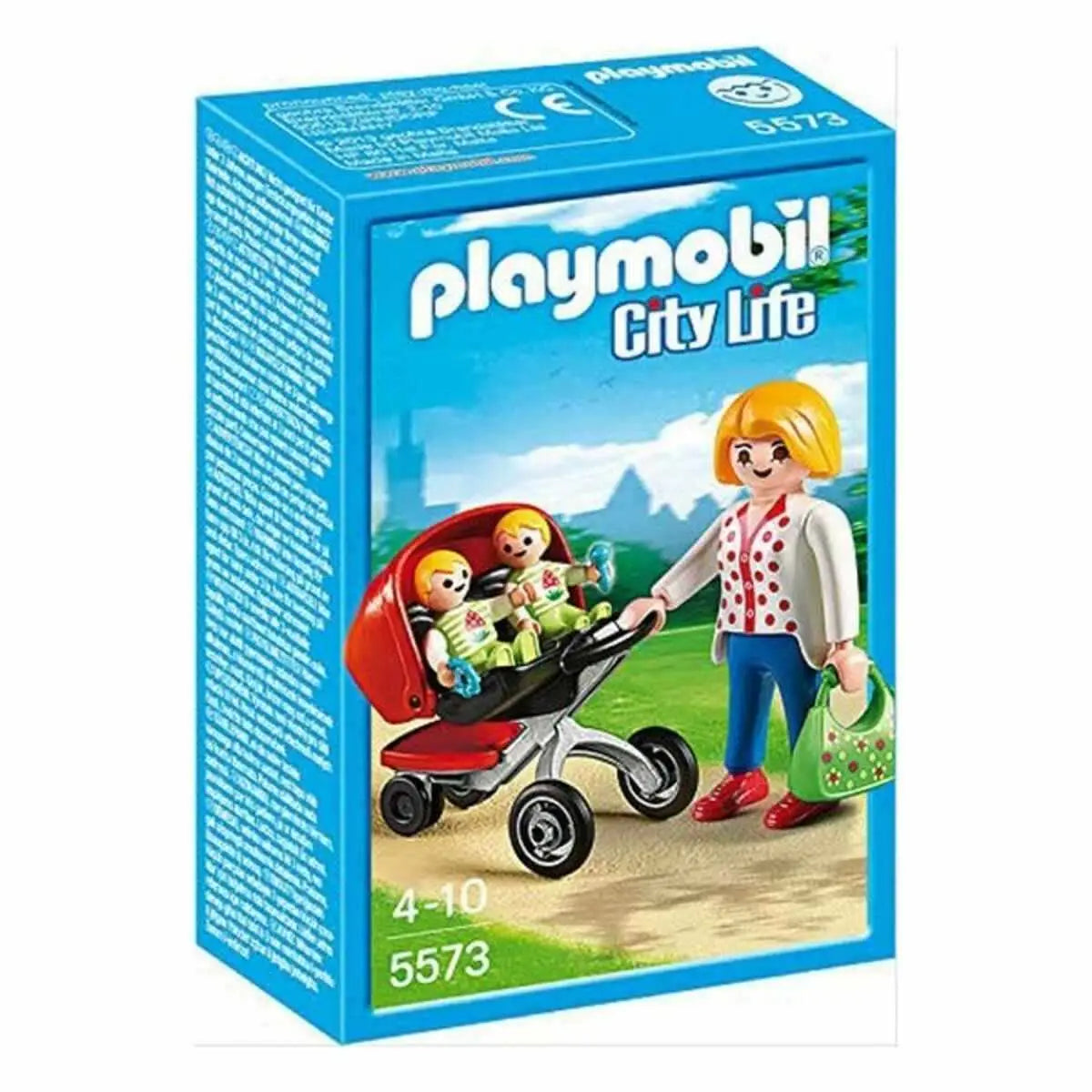 Playmobil city life zwillingskinderwagen mit rotem dach und schwarzem rahmen mit zwei babyfiguren im spielset 5573