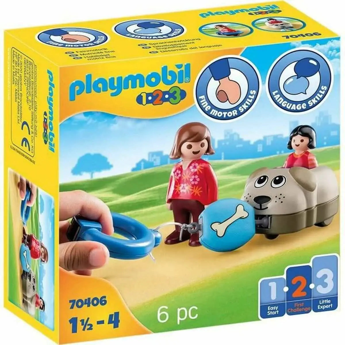 Playmobil 1.2.3 hund kinder 70406 spielset mit beigem hund-fahrzeug und zwei kinderfiguren mit spielzeugzubehör