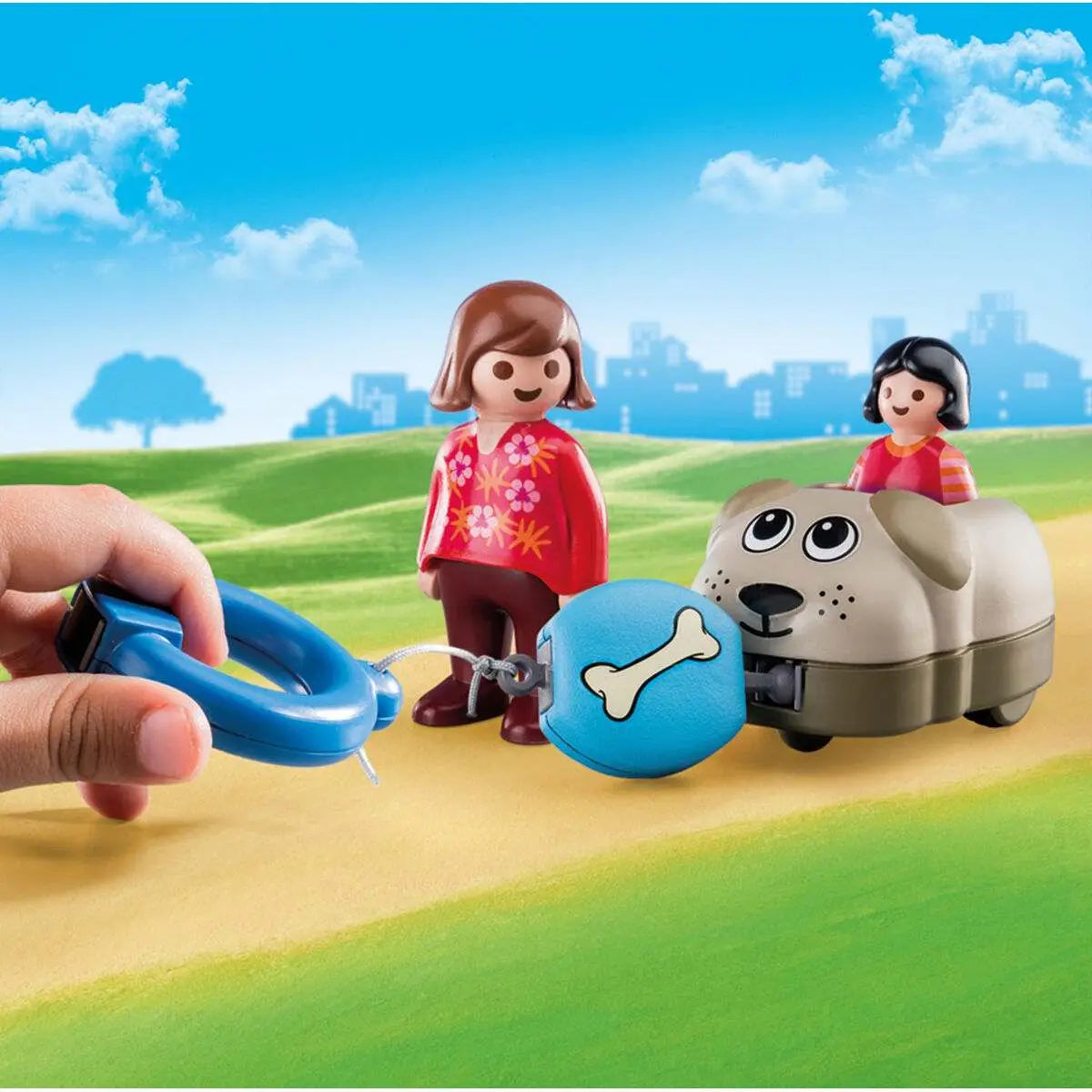 Blaues retractable hundeleine mit knochenförmigem charm aus playmobil 123 hund kinderspielset 70406 mit 6 teilen