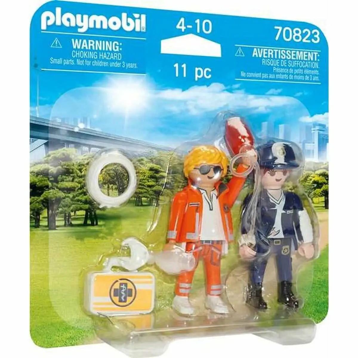 Playmobil 70823 doctor polizei spielset mit zwei figuren in orange rotes helm und marineblauem polizeikleid