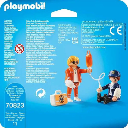 Playmobil playset 70823 mit zwei figurinen in orange und blau mit arzt- und polizeiausrüstung inklusive iv-beutel