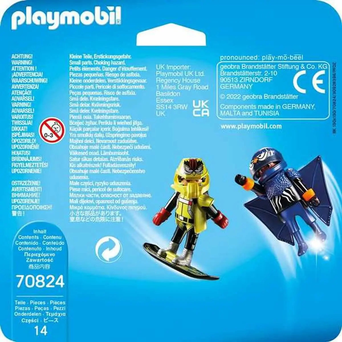 Playmobil 70824 superhero actionfigur in gelb und schwarz mit roten handschuhen auf surfbrett stehend im spielset