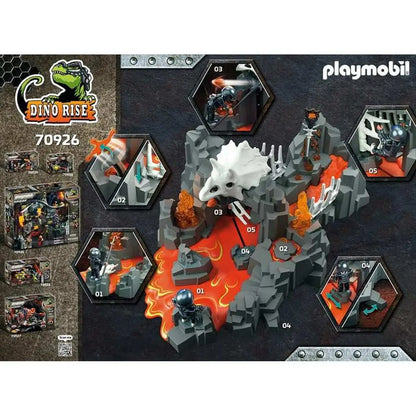 Playmobil dino rise playset 70926 mit weißem, stacheligem dinosaurierschädel und grauem fels mit orangefarbener lava