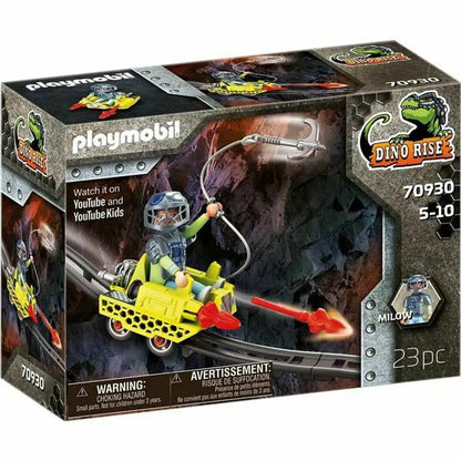Gelbes playmobil dino rise spielzeugfahrzeug mit roten raketenboostern und silbernem greifhaken modell mina cruiser 70930