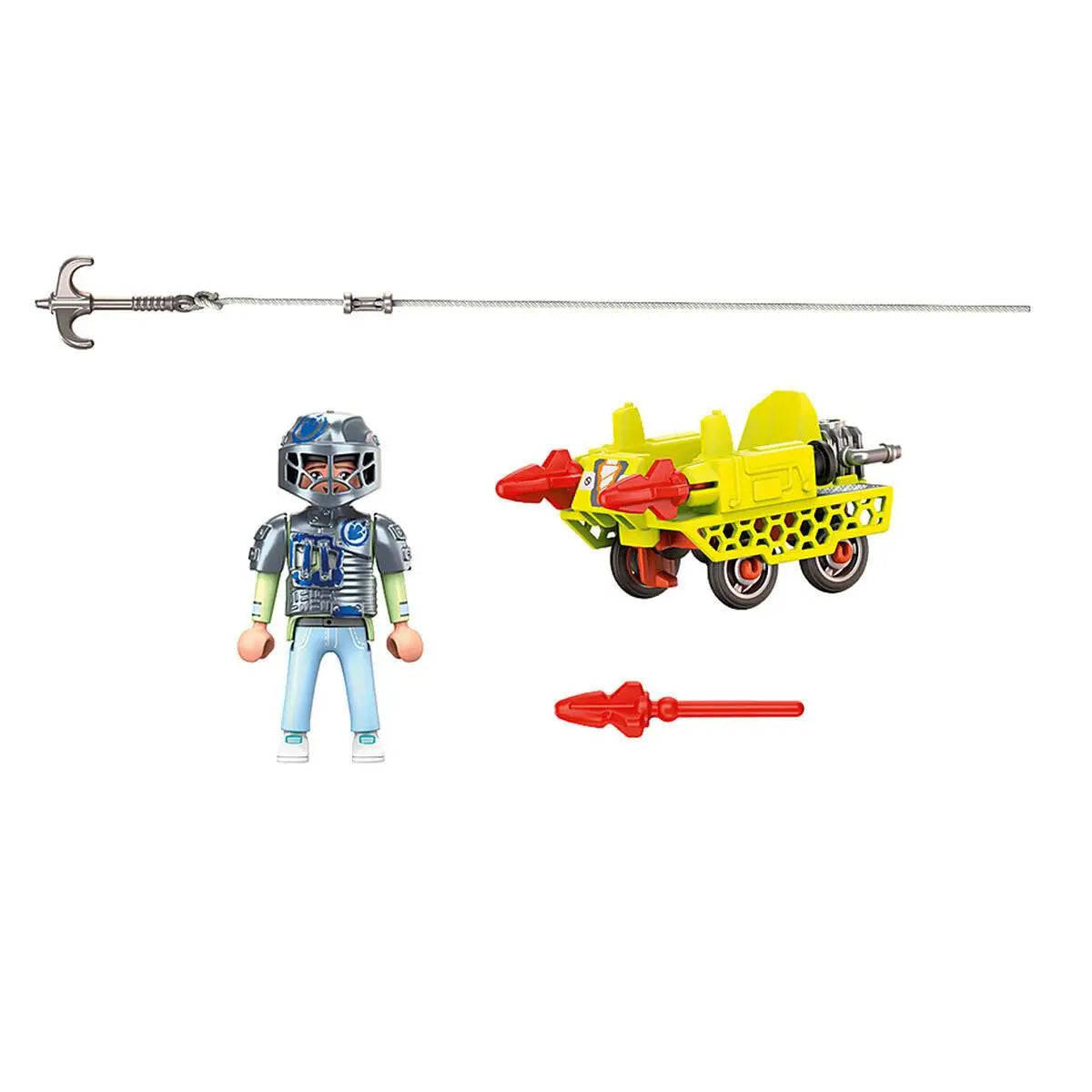 Playmobil dino rise mina cruiser 70930 weltraum ranger figur mit silberhelm und rüstung, hellblauer hose und rotem speer