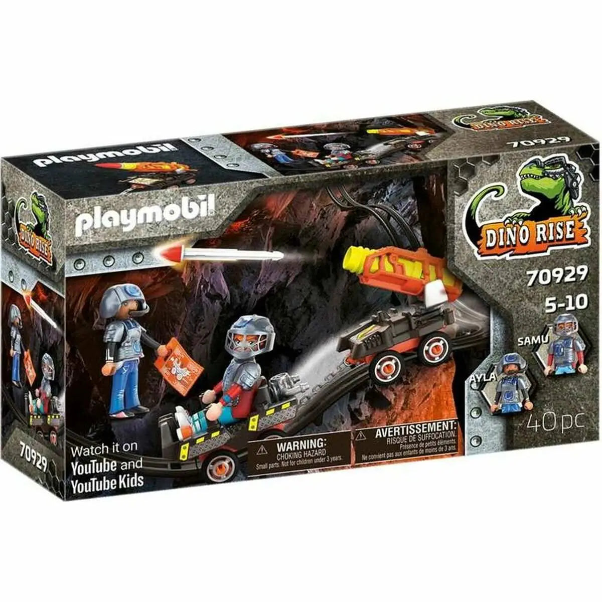 Playmobil dino rise spielset mit schwarz orangem dinosaurus fahrzeug und zwei grauen explorer figuren in helmet im höhlenszene