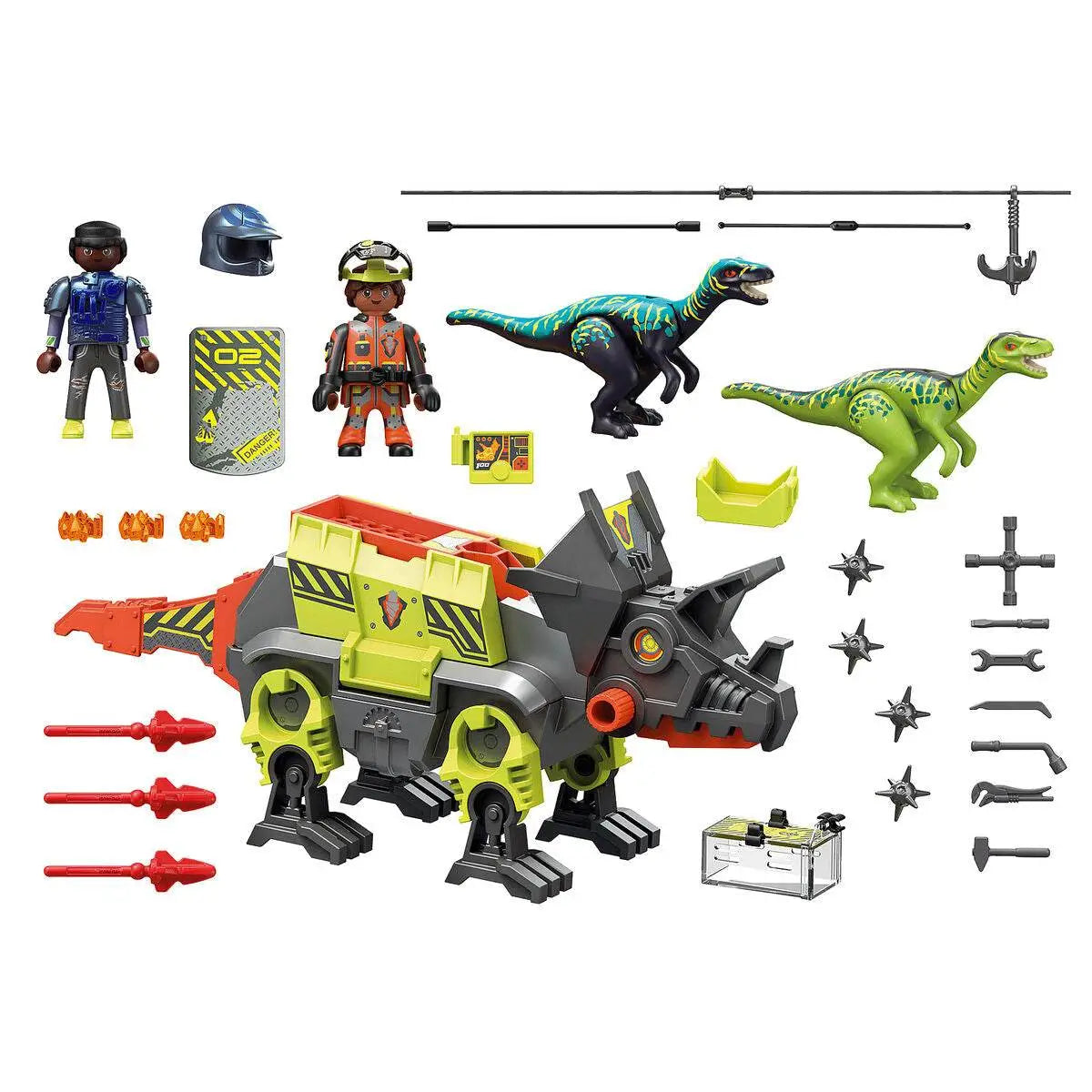 Playmobil dino rise robo-dino kampfmaschine 70928 triceratops mech mit limettengrüner und schwarzer mechanik und orangen akzenten