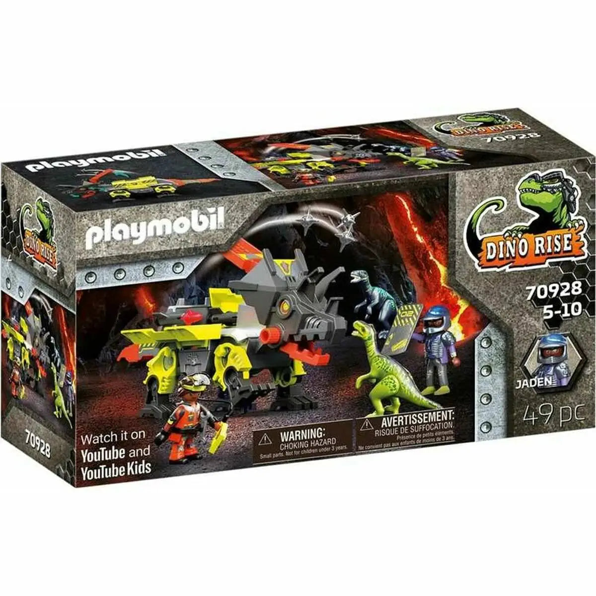 Playmobil dino rise robo-dino kampfmaschine 70928 graue und gelbe mechanische dinosaurierfigur mit roten akzenten vor vulkanischer szenerie
