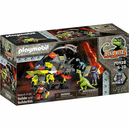 Playmobil dino rise robo-dino kampfmaschine 70928 graue und gelbe mechanische dinosaurierfigur mit roten akzenten vor vulkanischer szenerie