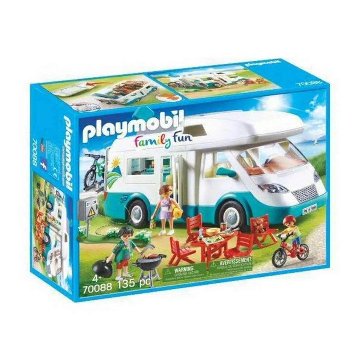 Playmobil family fun wohnmobil spielset mit weißem und türkisfarbenem karosserie und roten akzenten am rad und spiegel