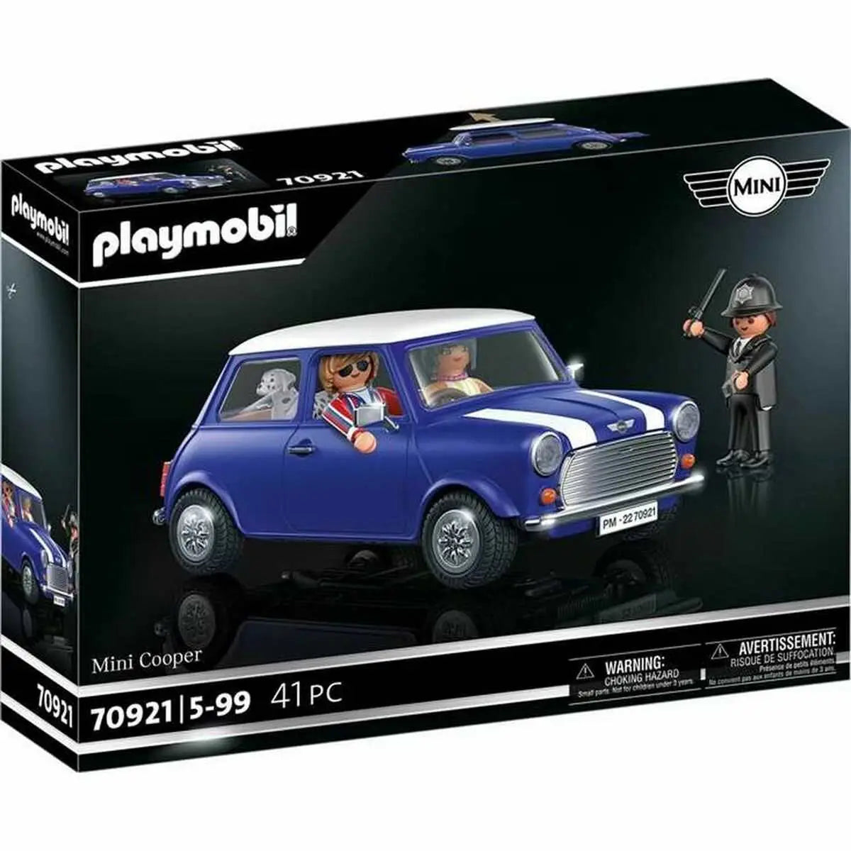 Blauer und weißer playmobil mini cooper spielzeugauto mit silbernen rädern und chromgrill aus playset 70921