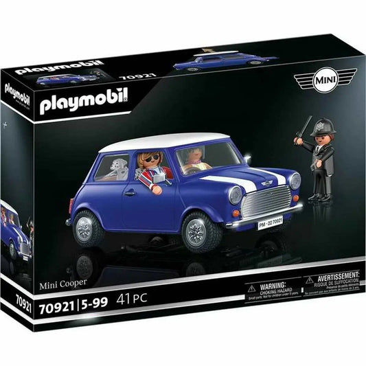 Blauer und weißer playmobil mini cooper spielzeugauto mit silbernen rädern und chromgrill aus playset 70921