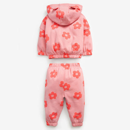Baby Girl All Over Flower Graphic Zipper Hoodie Coat & Trousers 2 Pieces Sets-1