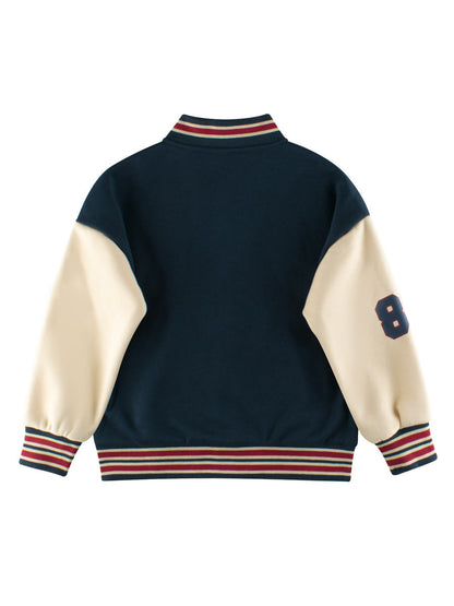 Boys and Girls Teddy Bear and Letters Printed Contrast Design Color Patchwork Single Breasted Striped Baseball Coat-2