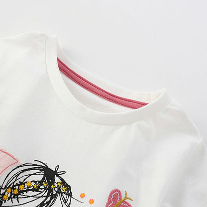 Summer Girls’ Cartoon and Flowers Pattern T-shirt in European and American Style-2