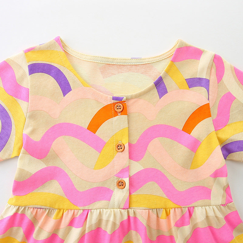 Summer Pure Cotton Waves Pattern Short Sleeves Dress for Stylish Girls-2