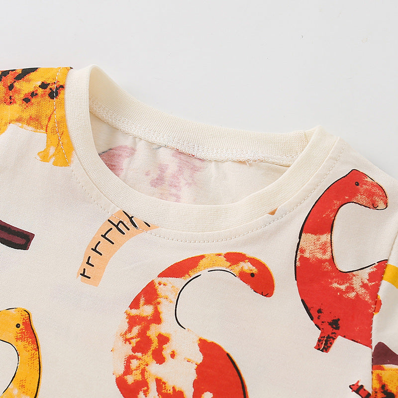 Girls’ Cartoon Orange Dinosaur Pattern Short Sleeves T-Shirt In European And American Style For Summer-2