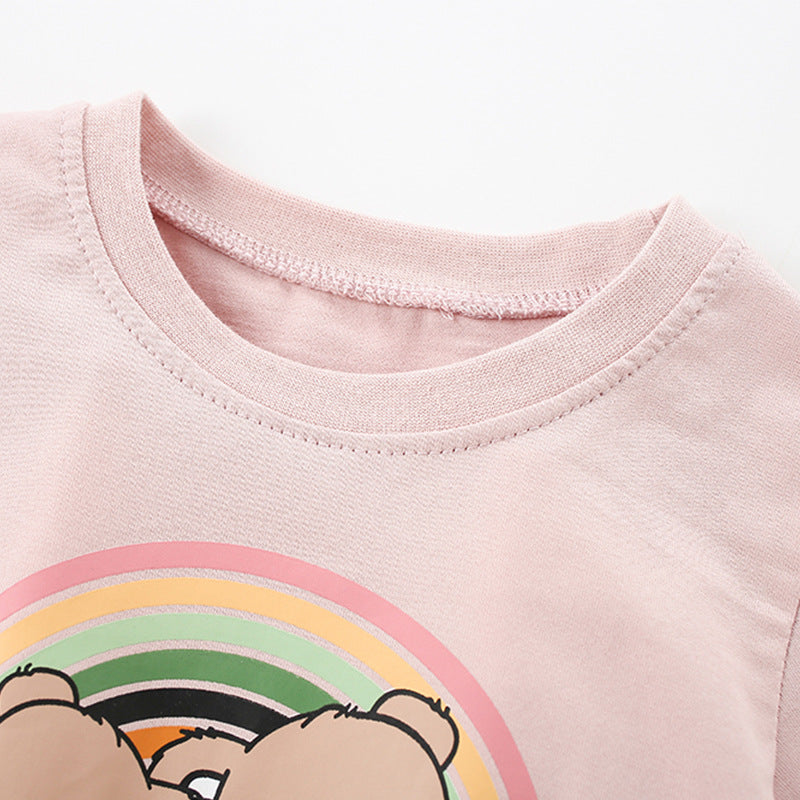 Girls’ Cartoon Teddy Bear Pattern Short Sleeves T-Shirt In European And American Style For Summer-2