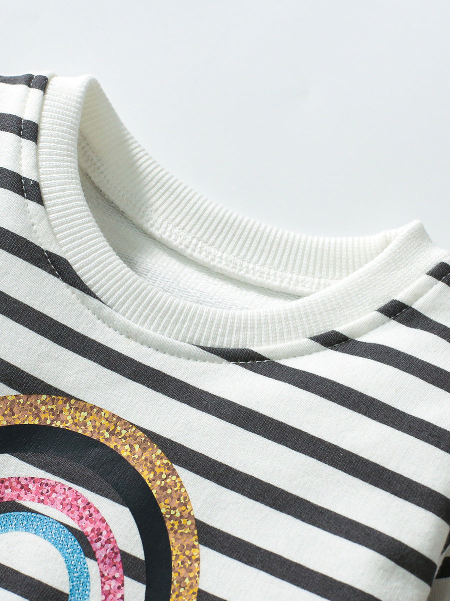 Best Selling Autumn Girls Rainbow And Striped Pattern Crew Neck Long Sleeves Tulle Patchwork Dress-2