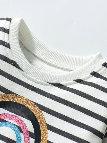 Best Selling Autumn Girls Rainbow And Striped Pattern Crew Neck Long Sleeves Tulle Patchwork Dress-2