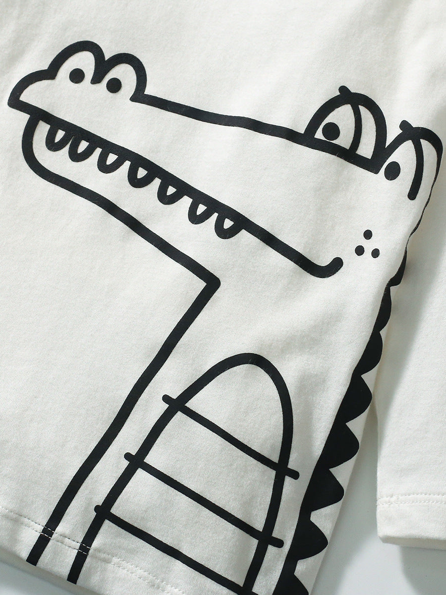Spring And Autumn Boys Cartoon Alligator Pattern Long Sleeves Top Shirt And Pants Clothing Set-3