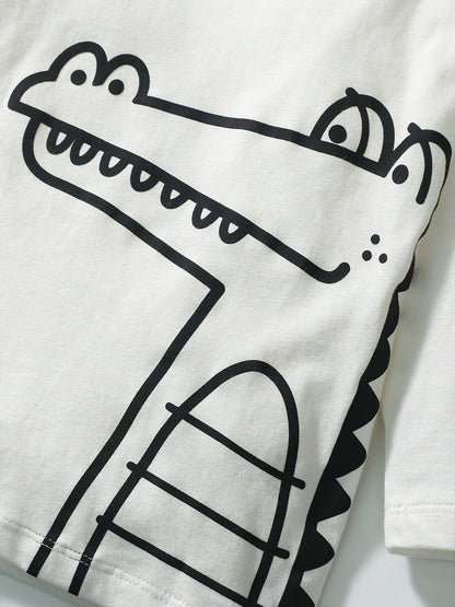 Spring And Autumn Boys Cartoon Alligator Pattern Long Sleeves Top Shirt And Pants Clothing Set-3