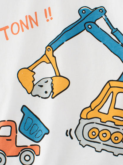 Boys’ Cartoon Excavator And Truck Print T-Shirt In European And American Style-2