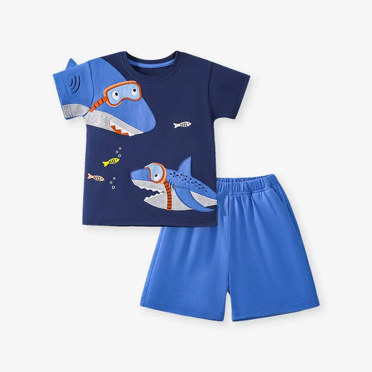 Summer Baby Kids Cartoon Pattern T-shirt and Shorts Clothing Set for Boys-0