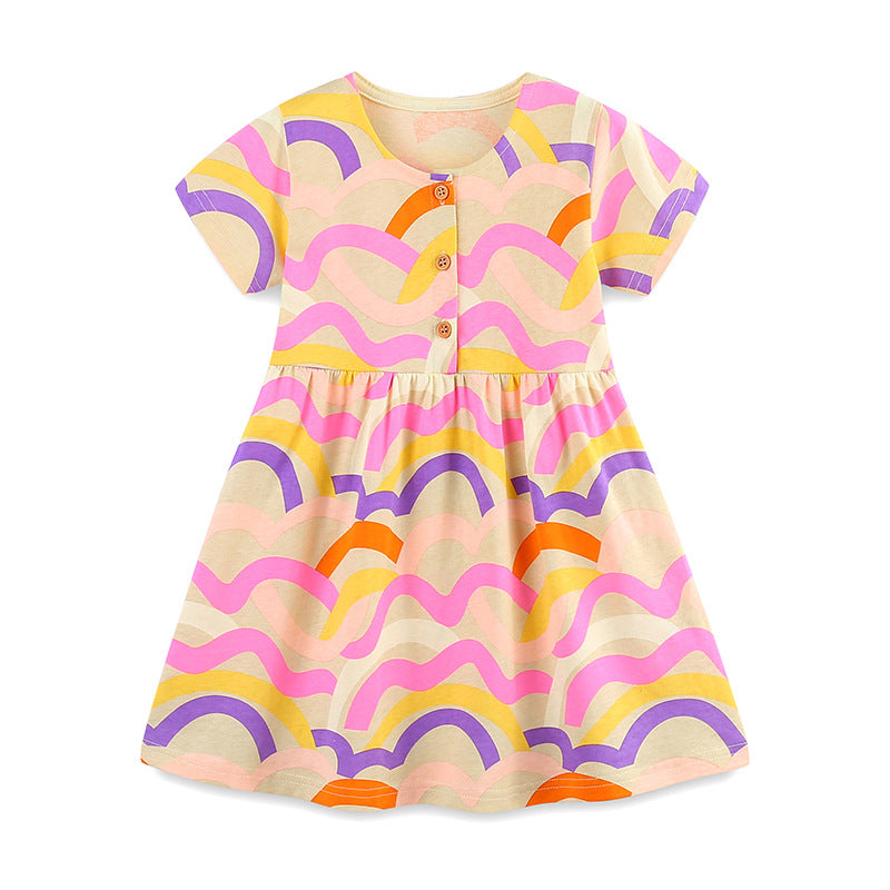 Summer Pure Cotton Waves Pattern Short Sleeves Dress for Stylish Girls-0