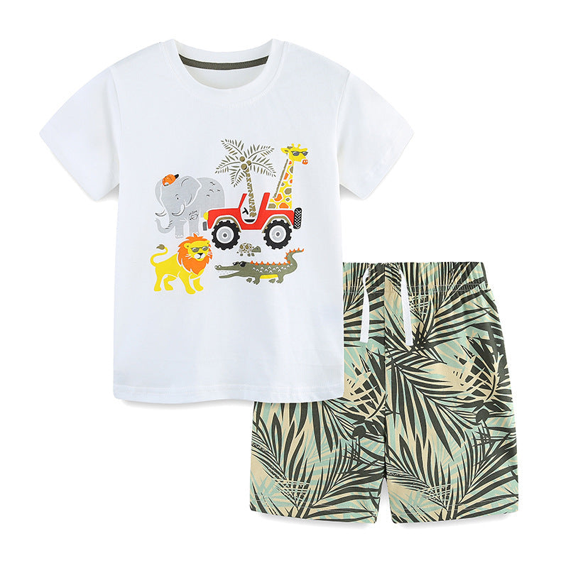 Summer Baby Kids Jungle Animals Cartoon Pattern T-shirt and Shorts Clothing Set for Boys-0