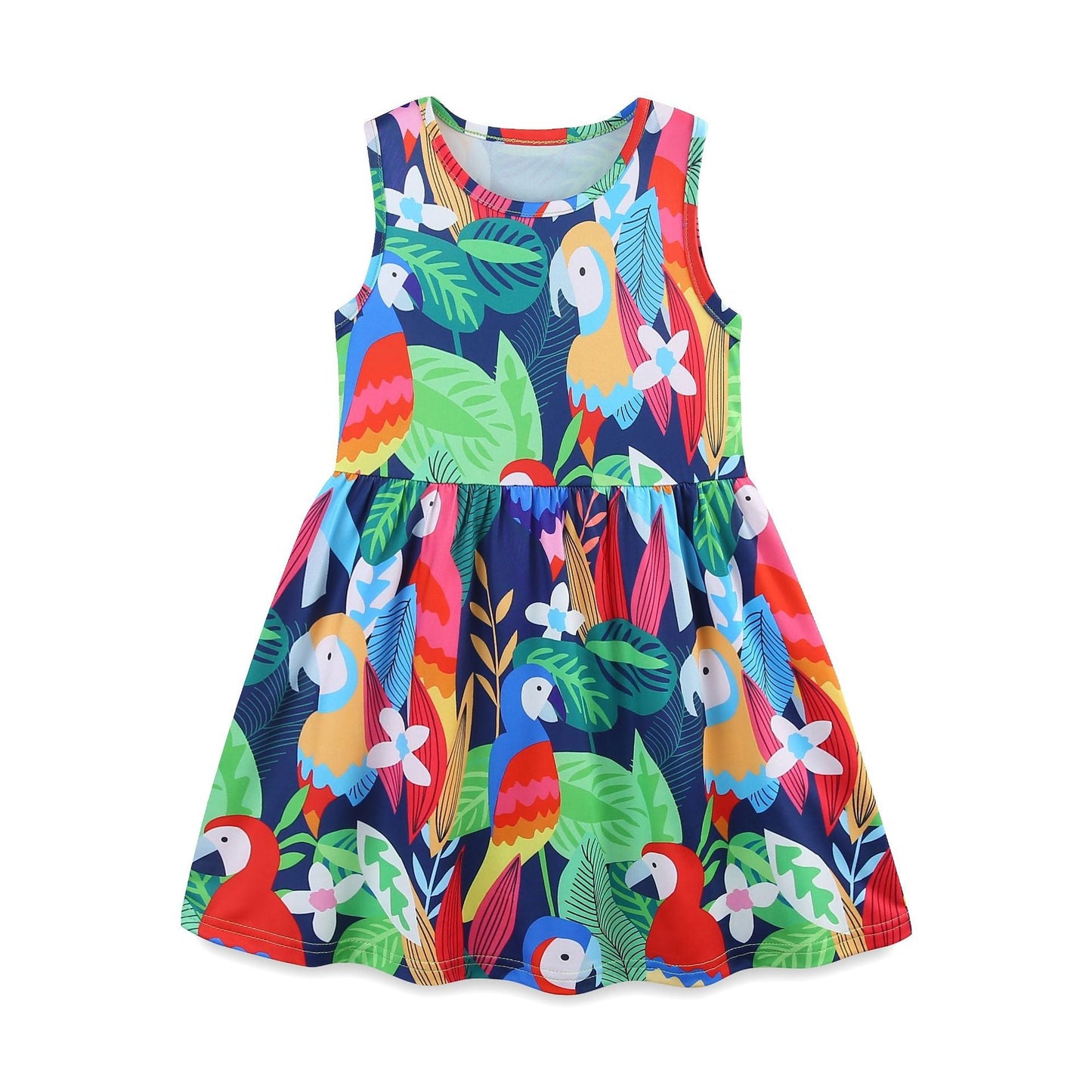 Summer Hot Selling Colorful Parrots Pattern Sleeveless Dress for Stylish Girls-0