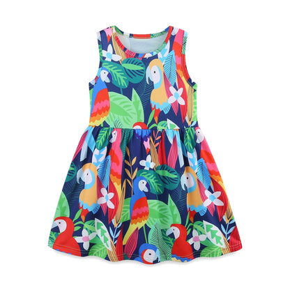 Summer Hot Selling Colorful Parrots Pattern Sleeveless Dress for Stylish Girls-0