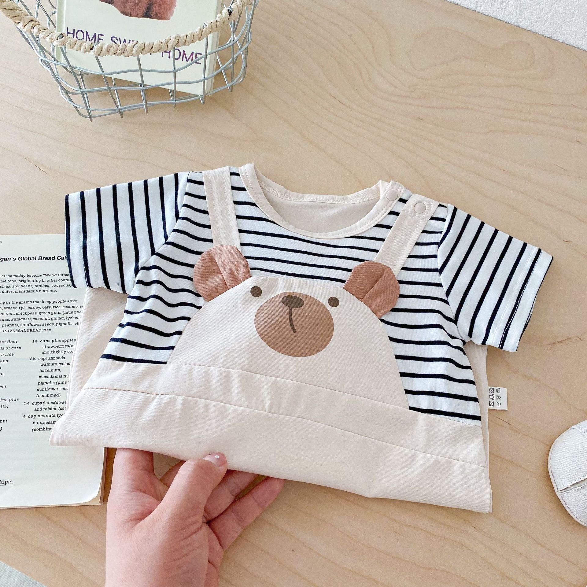New Design Summer Baby Kids Unisex Teddy Bear Pattern Crew Neck Short Sleeves Striped Color Patchwork Romper-3