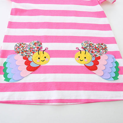 Design Summer Girls Striped and Bees Pattern Short Sleeves Dress-3