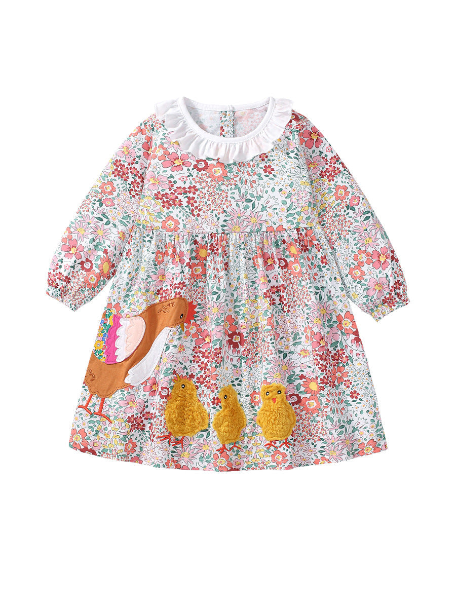 Design Autumn Girls Floral and Chicks Pattern Ruffle Collar Long Sleeves Dress-0