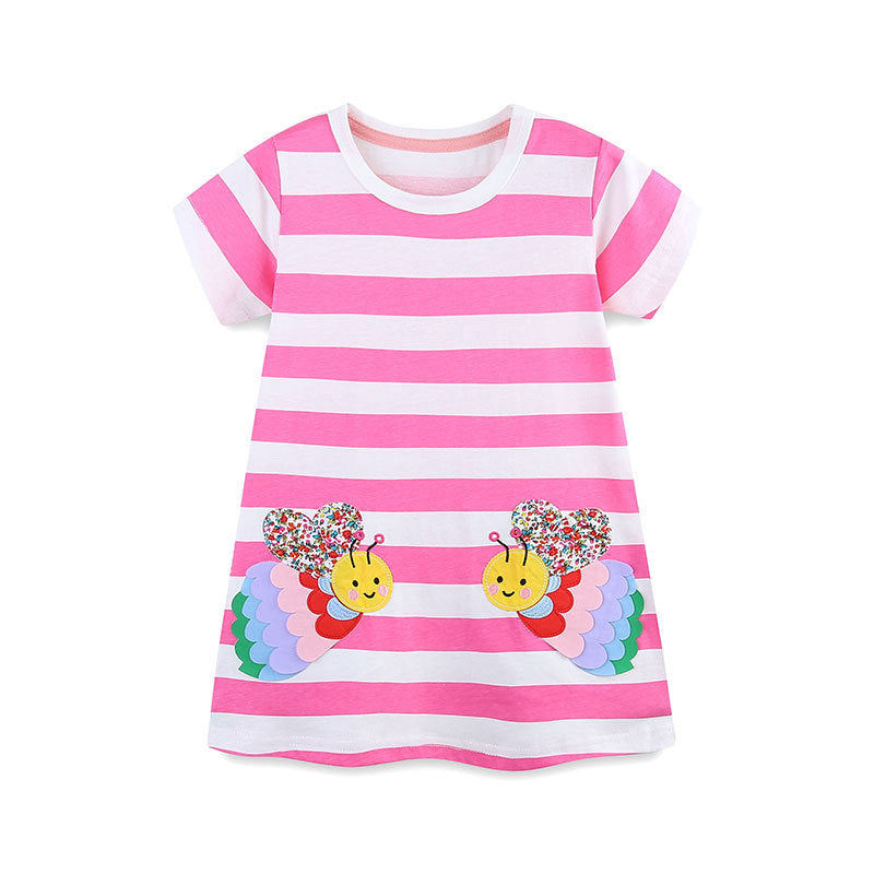 Design Summer Girls Striped and Bees Pattern Short Sleeves Dress-0