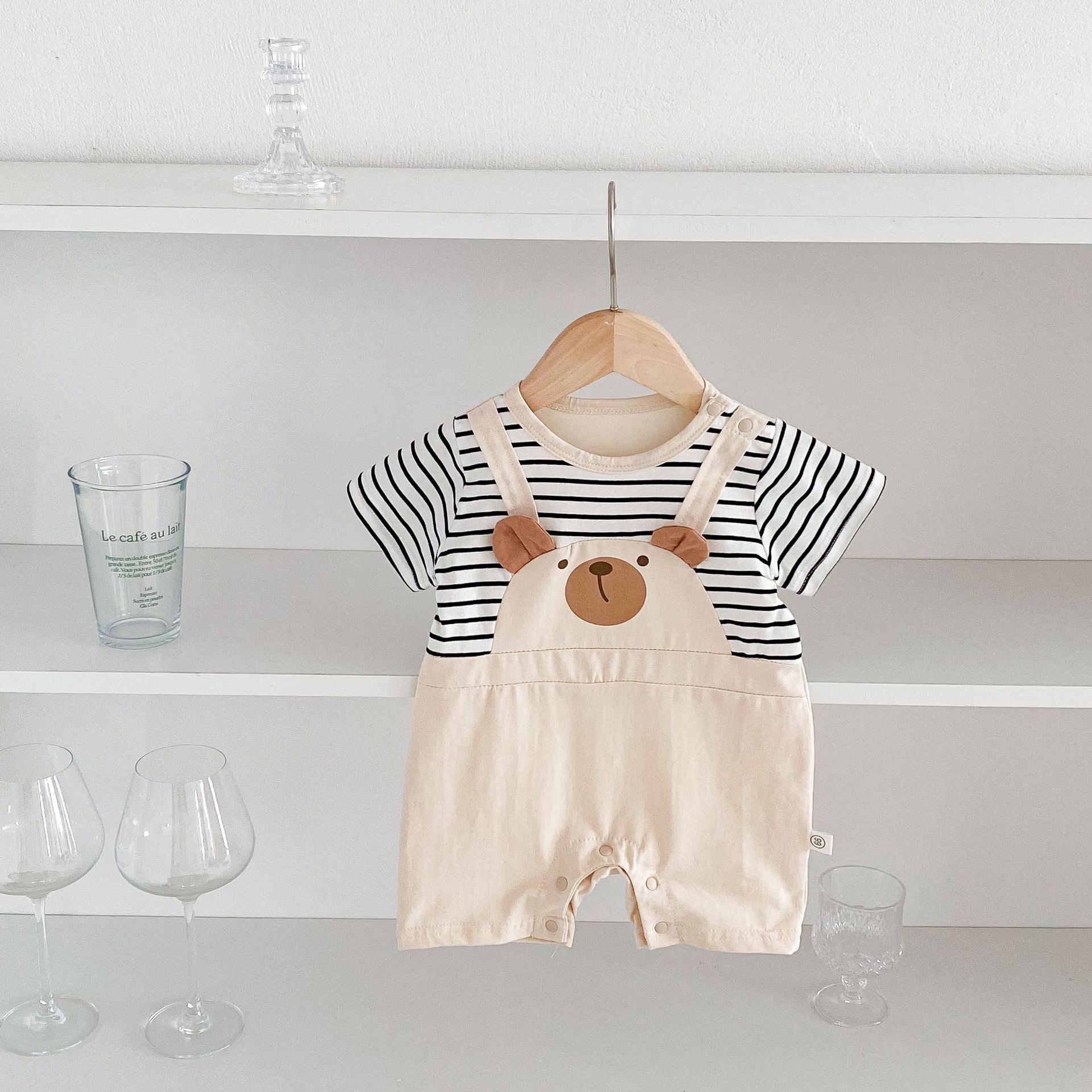 New Design Summer Baby Kids Unisex Teddy Bear Pattern Crew Neck Short Sleeves Striped Color Patchwork Romper-0