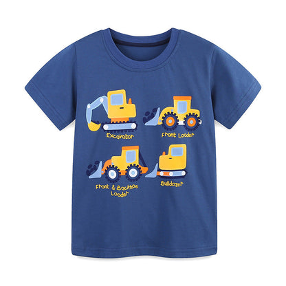 Summer Boys’ Engineering Car Cartoon Pattern T-shirt in European and American Style-0
