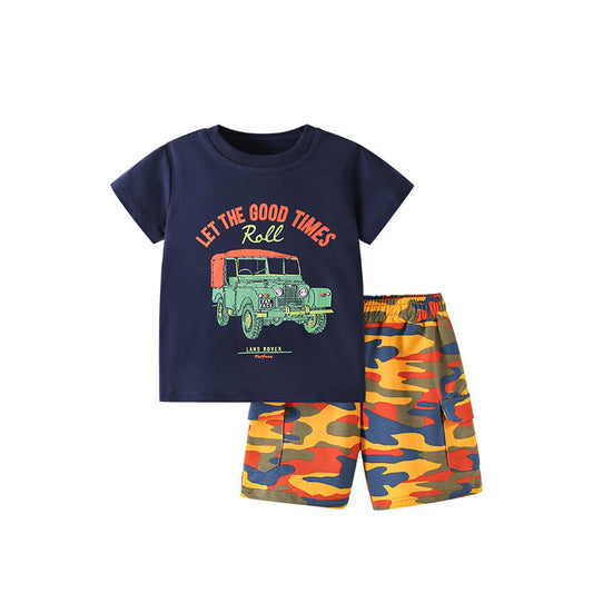 Summer Baby Kids Casual Cartoon and Letters Pattern T-shirt and Shorts Clothing Set for Boys-0