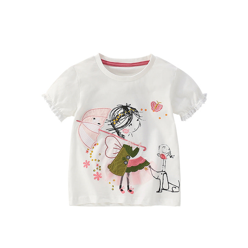 Summer Girls’ Cartoon and Flowers Pattern T-shirt in European and American Style-0