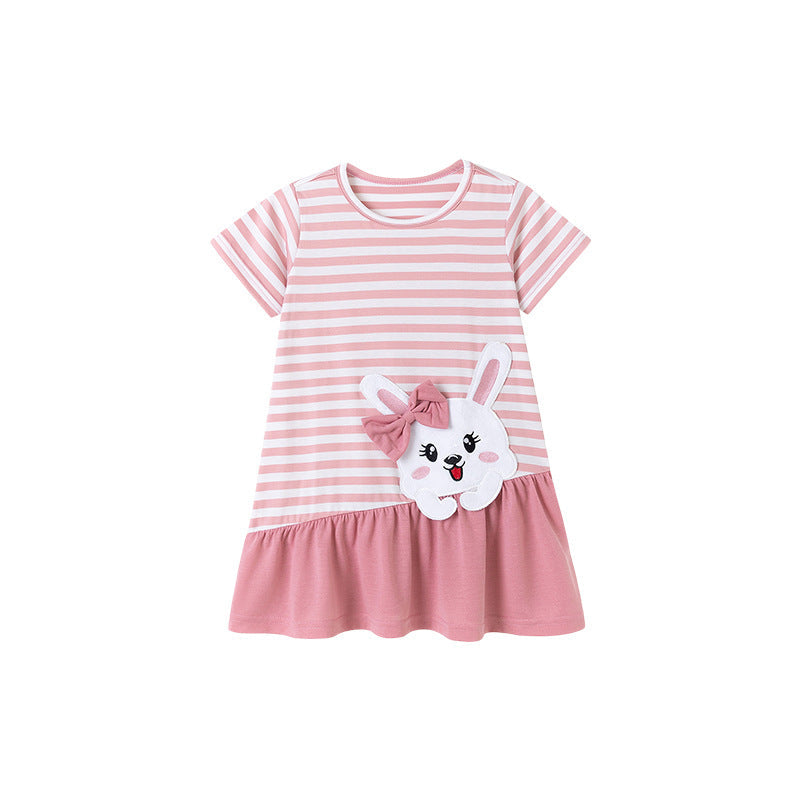 Summer Arrival Cartoon Rabbit Pattern Short Sleeves Dress for Stylish Girls-0