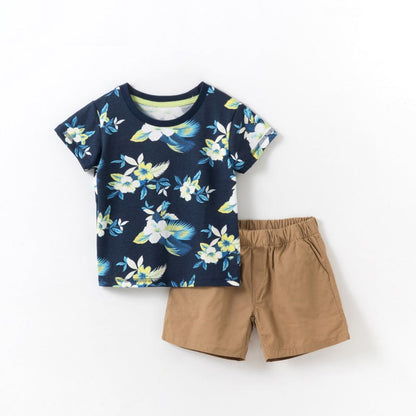 Summer Baby Kids Cool Leaves and Letters Pattern T-shirt and Shorts Clothing Set for Boys-4
