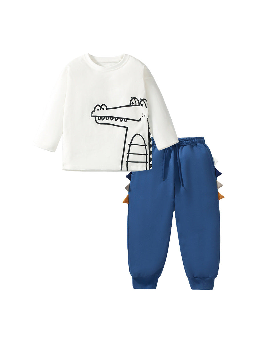 Spring And Autumn Boys Cartoon Alligator Pattern Long Sleeves Top Shirt And Pants Clothing Set-0